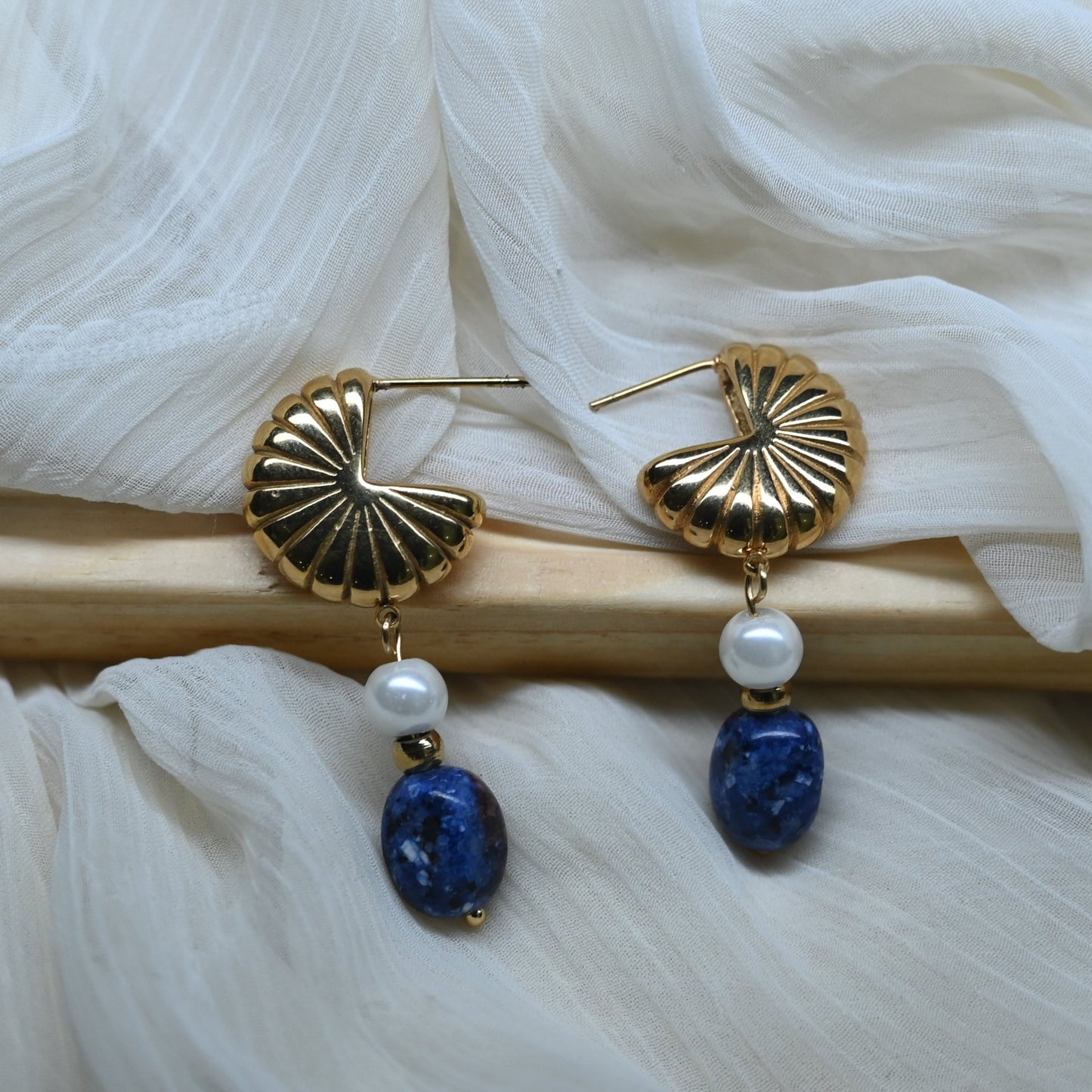 Gehnabuzz Pearl Drop Stainless Steel 18k Gold Plated Blue Natural Stone Earrings