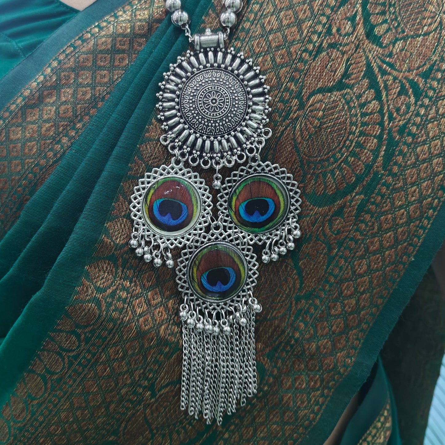 GehnaBuzz Glam Oxidized Circular Peacock Necklace
