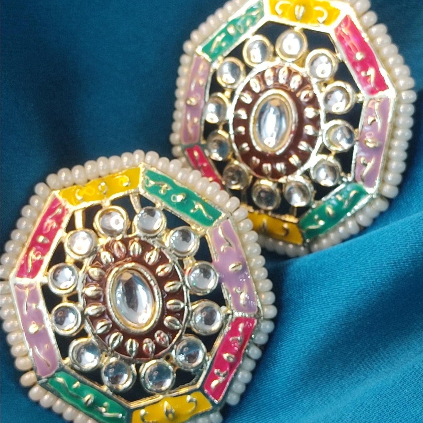 GehnaBuzz Glass & Pearl Studded Octagonal Earrings