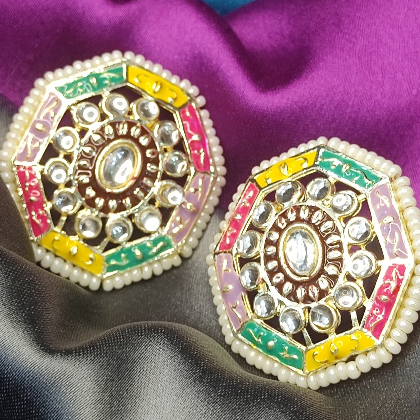 GehnaBuzz Glass & Pearl Studded Octagonal Earrings