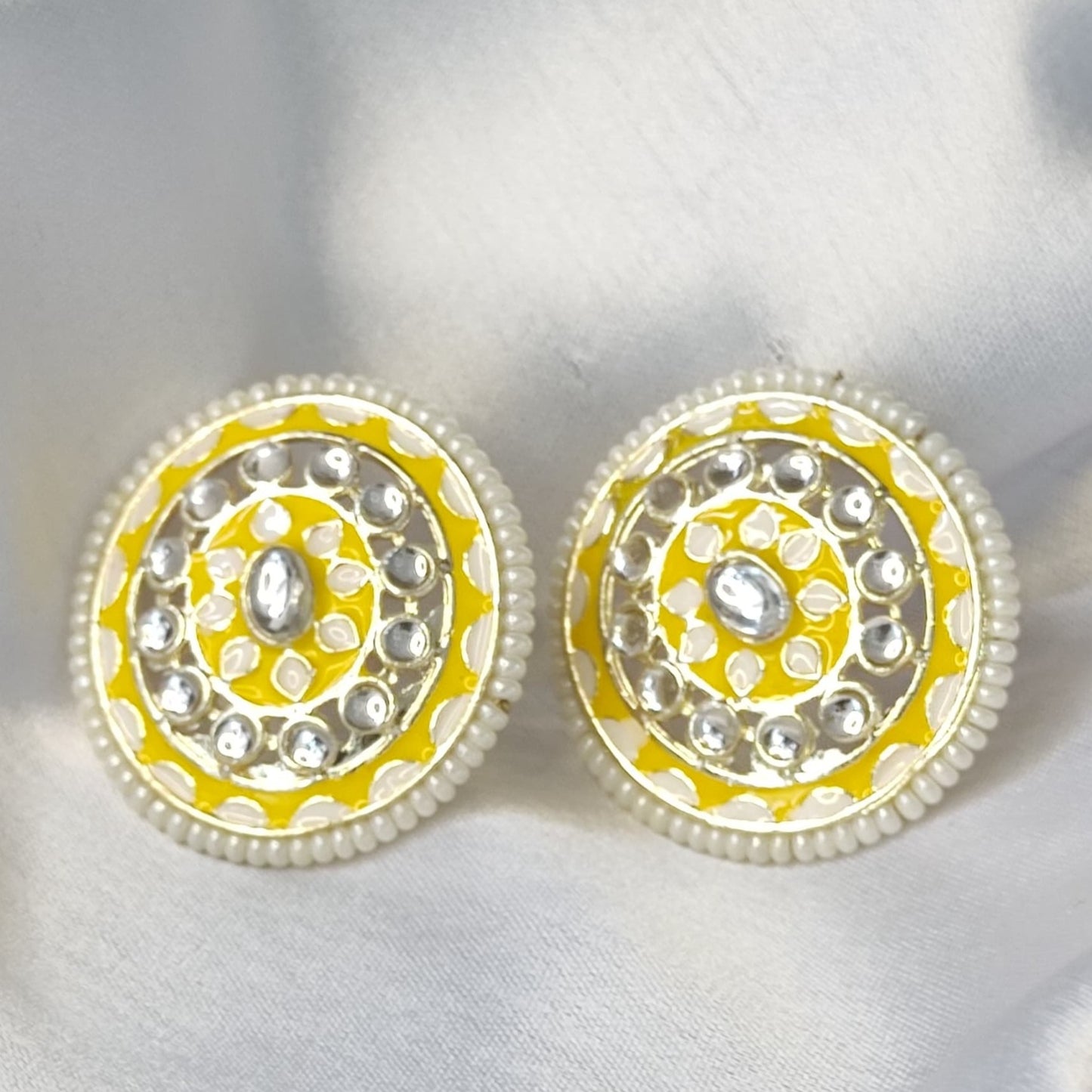 GehnaBuzz Designer Glass & Pearl Studded Yellow Earrings