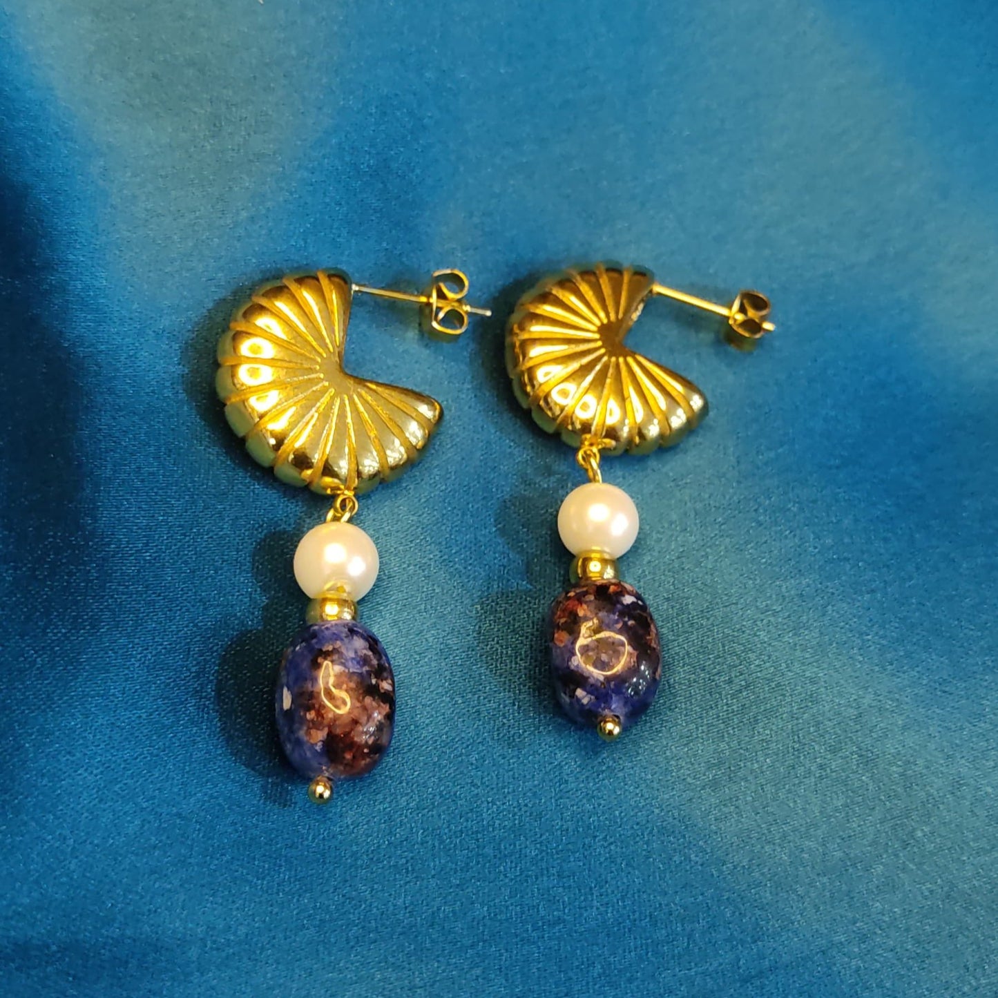 Gehnabuzz Pearl Drop Stainless Steel 18k Gold Plated Blue Natural Stone Earrings