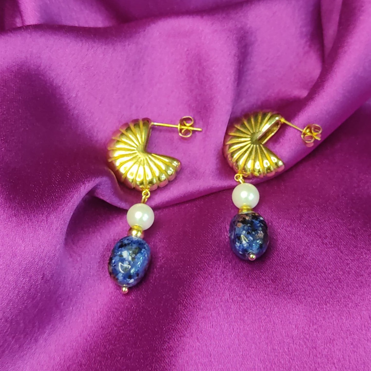 Gehnabuzz Pearl Drop Stainless Steel 18k Gold Plated Blue Natural Stone Earrings