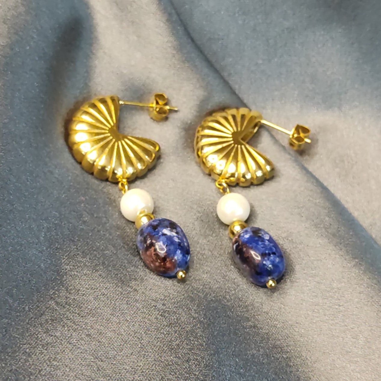 Gehnabuzz Pearl Drop Stainless Steel 18k Gold Plated Blue Natural Stone Earrings