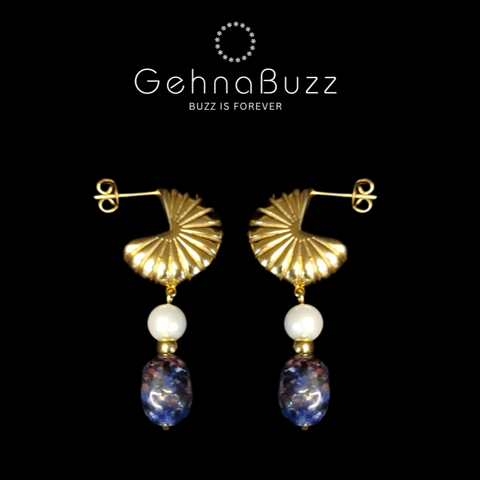 Gehnabuzz Pearl Drop Stainless Steel 18k Gold Plated Blue Natural Stone Earrings