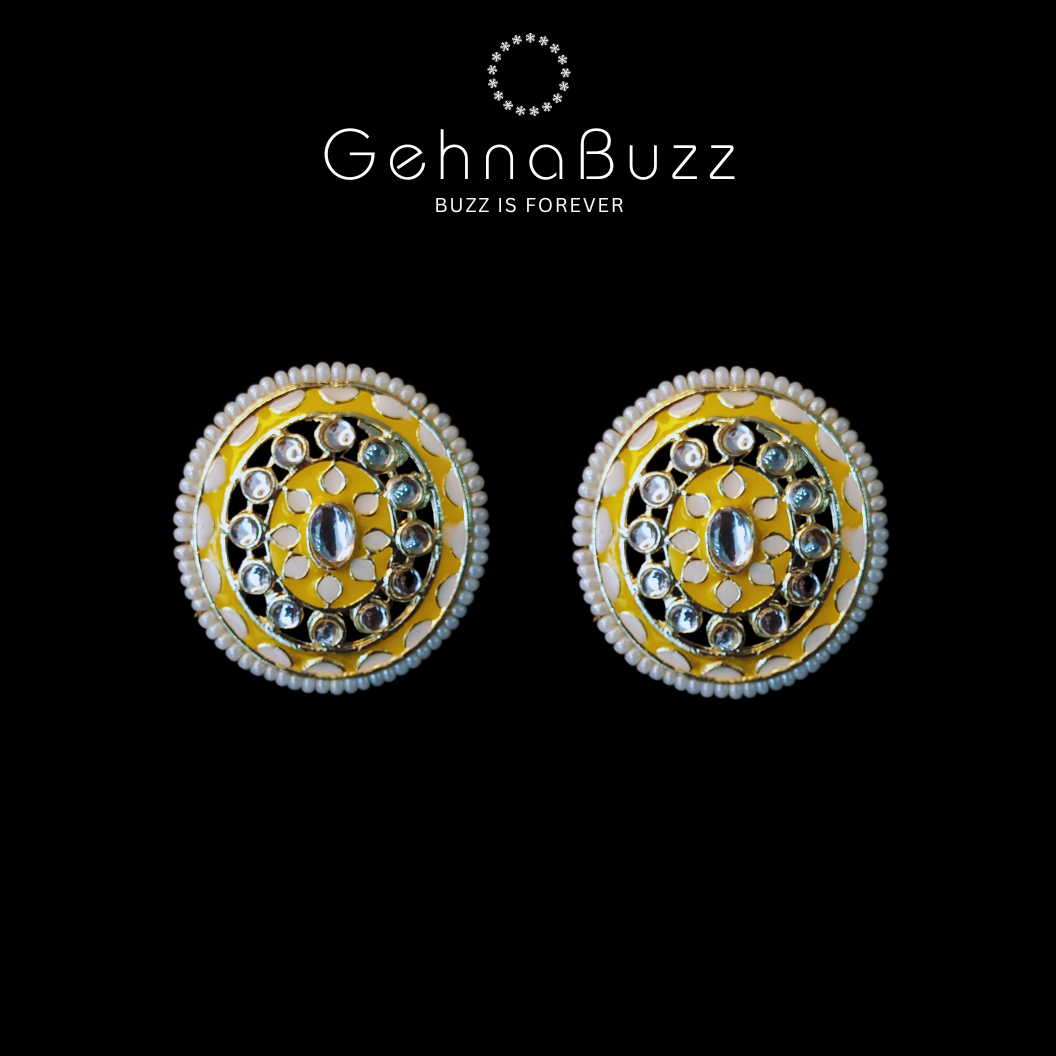 GehnaBuzz Designer Glass & Pearl Studded Yellow Earrings